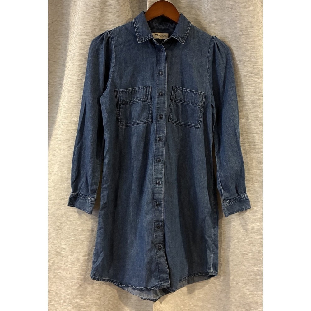 Madewell Women's Blue Denim Cotton Long Sleeve Shirt Dress Button Front‎ XS